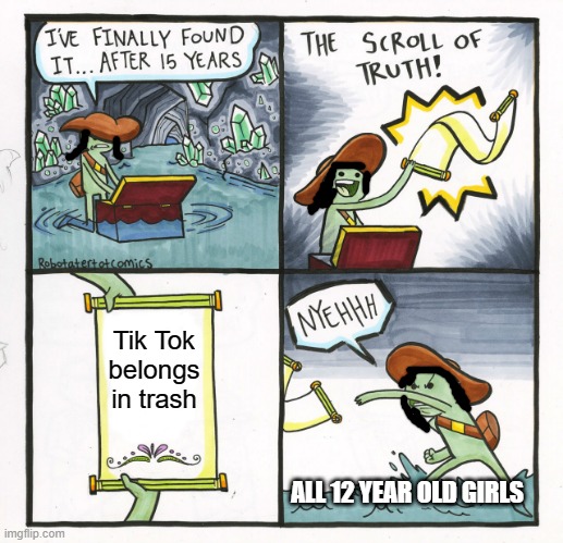 This is true tho | Tik Tok belongs in trash; ALL 12 YEAR OLD GIRLS | image tagged in memes,the scroll of truth,everyone | made w/ Imgflip meme maker