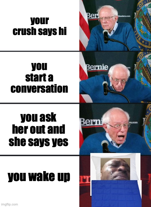 depress | your crush says hi; you start a conversation; you ask her out and she says yes; you wake up | image tagged in bernie sanders reaction nuked | made w/ Imgflip meme maker