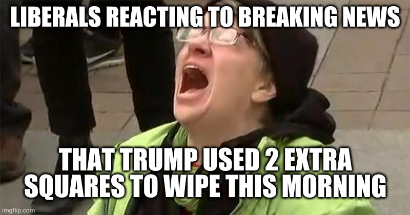 Trump uses excess TP | LIBERALS REACTING TO BREAKING NEWS; THAT TRUMP USED 2 EXTRA SQUARES TO WIPE THIS MORNING | image tagged in crying liberal | made w/ Imgflip meme maker