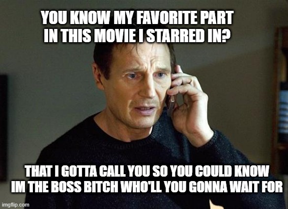 Liam Neeson Taken 2 | YOU KNOW MY FAVORITE PART IN THIS MOVIE I STARRED IN? THAT I GOTTA CALL YOU SO YOU COULD KNOW IM THE BOSS BITCH WHO'LL YOU GONNA WAIT FOR | image tagged in memes,liam neeson taken 2 | made w/ Imgflip meme maker