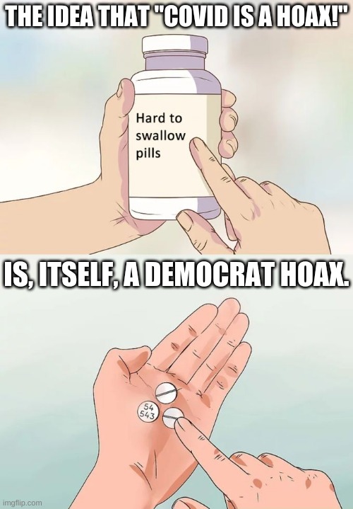 more hoax, more jokes | THE IDEA THAT "COVID IS A HOAX!"; IS, ITSELF, A DEMOCRAT HOAX. | image tagged in memes,hard to swallow pills | made w/ Imgflip meme maker