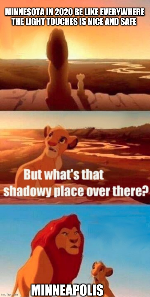 Simba Shadowy Place | MINNESOTA IN 2020 BE LIKE EVERYWHERE THE LIGHT TOUCHES IS NICE AND SAFE; MINNEAPOLIS | image tagged in memes,simba shadowy place | made w/ Imgflip meme maker