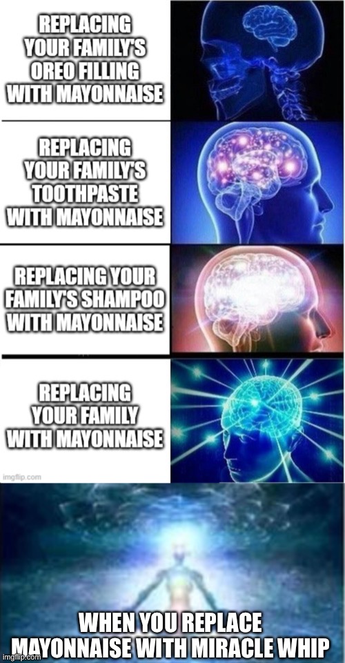 Expanding Brain Bender | WHEN YOU REPLACE MAYONNAISE WITH MIRACLE WHIP | image tagged in mayonnaise,miraclewhip,funny memes,expanding brain | made w/ Imgflip meme maker