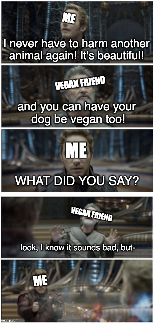 Going vegan | ME; I never have to harm another
animal again! It's beautiful! VEGAN FRIEND; and you can have your 
dog be vegan too! ME; WHAT DID YOU SAY? VEGAN FRIEND; look, I know it sounds bad, but-; ME | image tagged in vegan | made w/ Imgflip meme maker