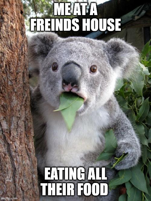 It really do be like that tho |  ME AT A FREINDS HOUSE; EATING ALL THEIR FOOD | image tagged in memes,surprised koala | made w/ Imgflip meme maker