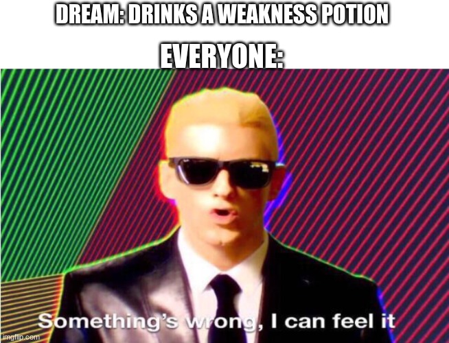 Something’s wrong | DREAM: DRINKS A WEAKNESS POTION; EVERYONE: | image tagged in something s wrong | made w/ Imgflip meme maker