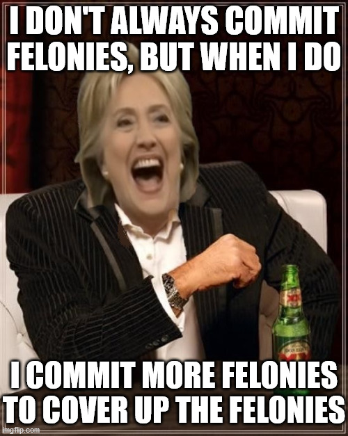 The Most Interesting Man In The World | I DON'T ALWAYS COMMIT FELONIES, BUT WHEN I DO; I COMMIT MORE FELONIES TO COVER UP THE FELONIES | image tagged in the most interesting man in the world,memes,hillary clinton,criminal minds,lock her up,donald trump | made w/ Imgflip meme maker