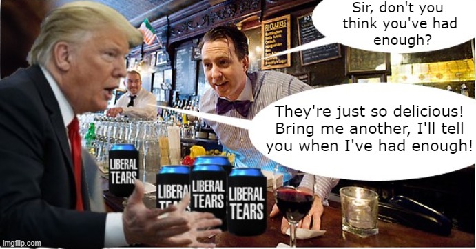Sir, don't you 
think you've had
 enough? They're just so delicious! Bring me another, I'll tell
you when I've had enough! | image tagged in trump 2020,liberal tears,donald trump | made w/ Imgflip meme maker