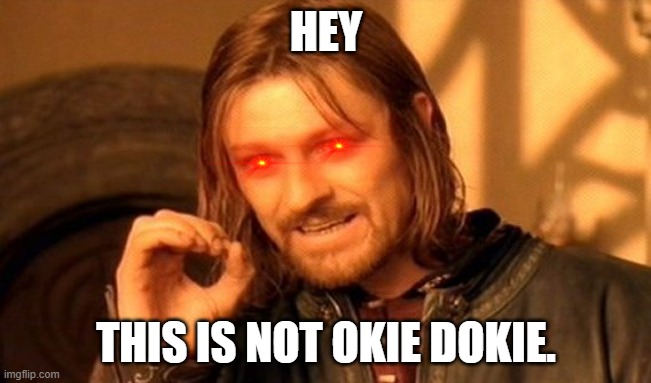this is not okie dokie | HEY; THIS IS NOT OKIE DOKIE. | image tagged in memes,one does not simply | made w/ Imgflip meme maker