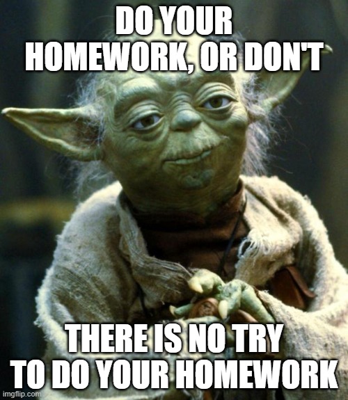 Yoda my dad | DO YOUR HOMEWORK, OR DON'T; THERE IS NO TRY TO DO YOUR HOMEWORK | image tagged in memes,star wars yoda | made w/ Imgflip meme maker