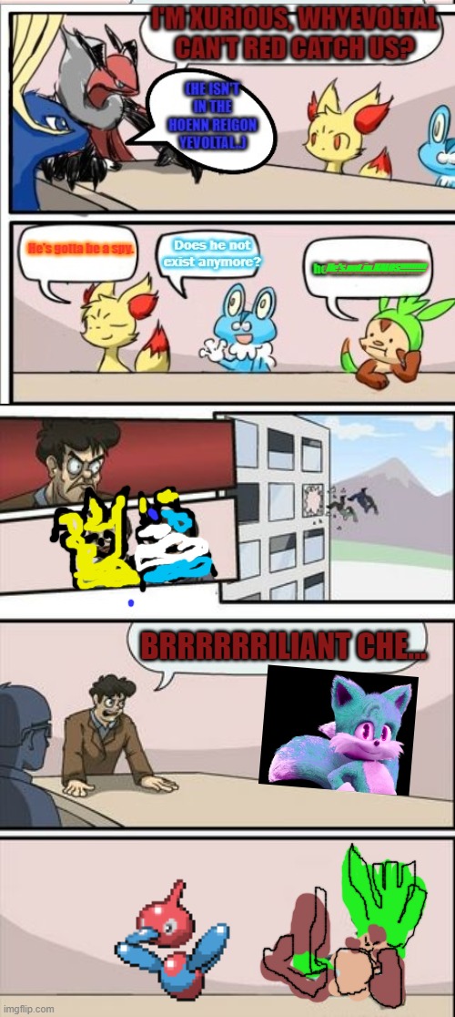 The PokeMeeting 2: The ARTIST | He's.not.in.KALOS!!!!!!!!! BRRRRRRILIANT CHE... | image tagged in boardroom meeting sugg 2,pokemon meeting 2 | made w/ Imgflip meme maker
