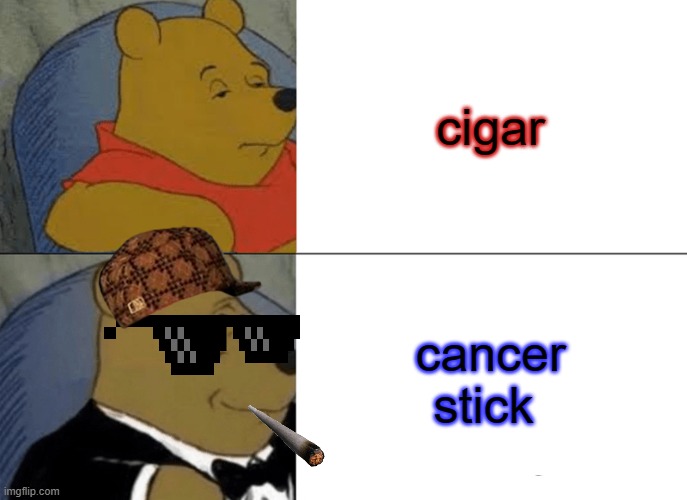 Tuxedo Winnie The Pooh | cigar; cancer stick | image tagged in memes,tuxedo winnie the pooh | made w/ Imgflip meme maker