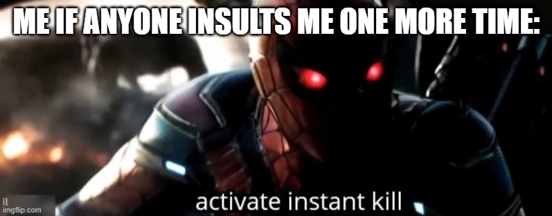 One more time and I swear--- |  ME IF ANYONE INSULTS ME ONE MORE TIME: | image tagged in activate instant kill,imgflip,i've had enough,spider-man | made w/ Imgflip meme maker