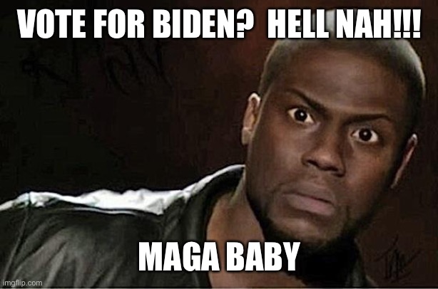 Politics | VOTE FOR BIDEN?  HELL NAH!!! MAGA BABY | image tagged in memes,kevin hart | made w/ Imgflip meme maker