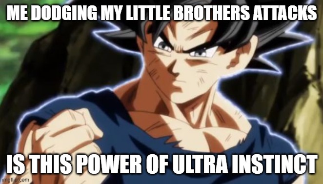 i am new at this | ME DODGING MY LITTLE BROTHERS ATTACKS; IS THIS POWER OF ULTRA INSTINCT | image tagged in ultra instinct goku | made w/ Imgflip meme maker