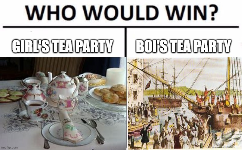 GIRL'S TEA PARTY; BOI'S TEA PARTY | image tagged in who would win | made w/ Imgflip meme maker