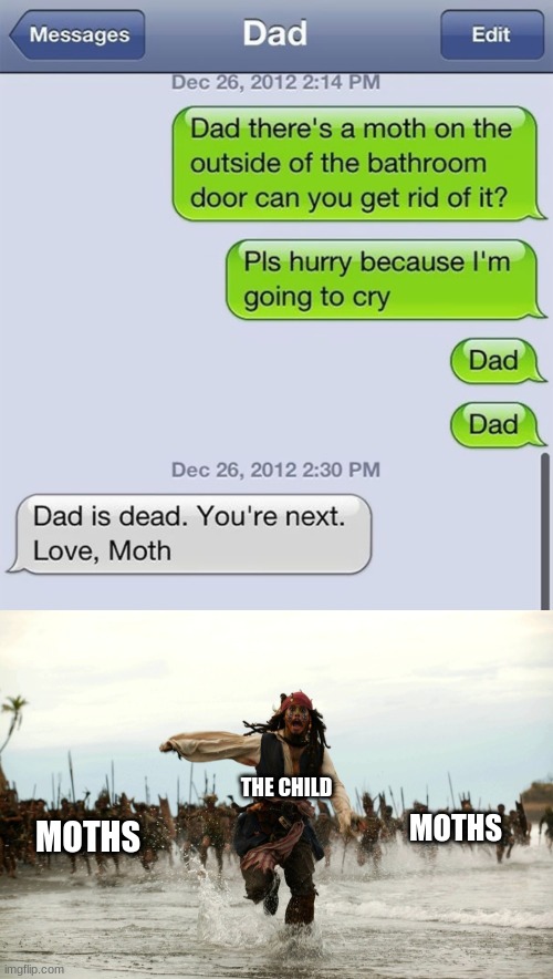 oh-no | THE CHILD; MOTHS; MOTHS | image tagged in captain jack sparrow running | made w/ Imgflip meme maker