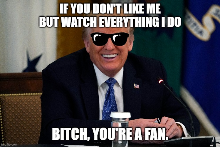 El Duce | IF YOU DON'T LIKE ME BUT WATCH EVERYTHING I DO; BITCH, YOU'RE A FAN. | image tagged in trump | made w/ Imgflip meme maker