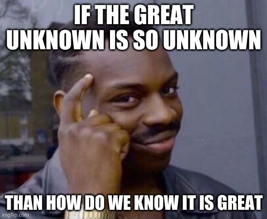 The great unknown | IF THE GREAT UNKNOWN IS SO UNKNOWN; THAN HOW DO WE KNOW IT IS GREAT | image tagged in black guy pointing at head,yeah this is big brain time | made w/ Imgflip meme maker