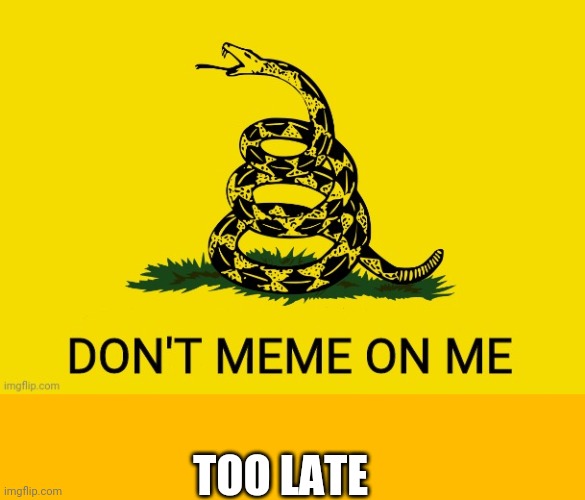 TOO LATE | image tagged in amber yellow background 550x100,don't tread on me | made w/ Imgflip meme maker