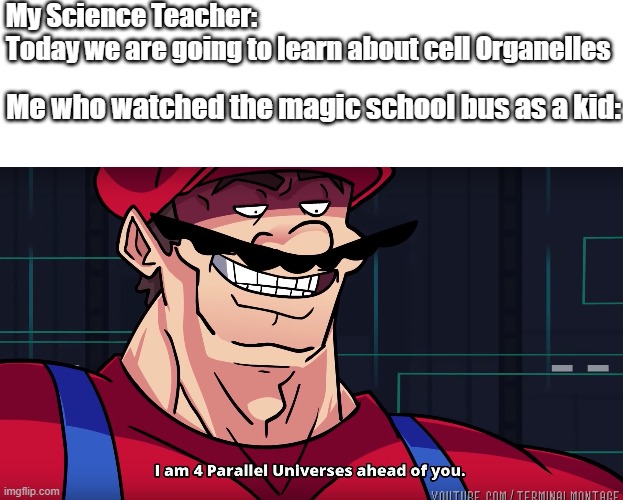 The Show was pretty good tho. | My Science Teacher:
Today we are going to learn about cell Organelles; Me who watched the magic school bus as a kid: | image tagged in mario i am four parallel universes ahead of you,science,school | made w/ Imgflip meme maker