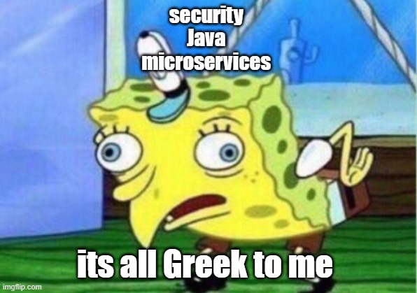 Mocking Spongebob | security 
Java 
microservices; its all Greek to me | image tagged in memes,mocking spongebob | made w/ Imgflip meme maker