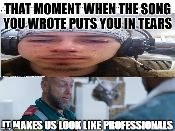 Song | THAT MOMENT WHEN THE SONG YOU WROTE PUTS YOU IN TEARS; IT MAKES US LOOK LIKE PROFESSIONALS | image tagged in songs | made w/ Imgflip meme maker