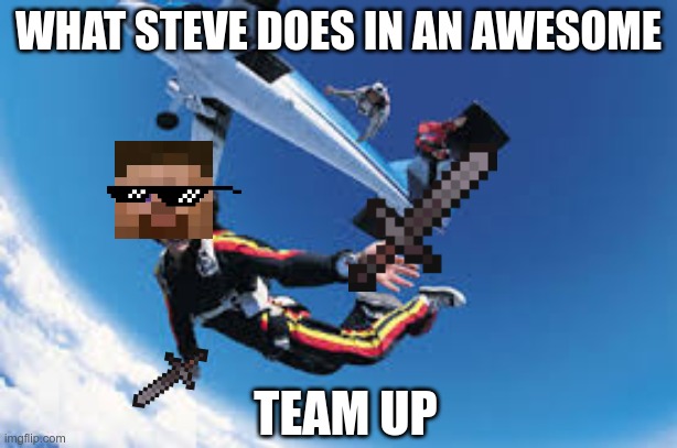 Steve time | WHAT STEVE DOES IN AN AWESOME; TEAM UP | image tagged in minecraft,video games | made w/ Imgflip meme maker