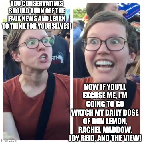 hypocrite liberal | YOU CONSERVATIVES SHOULD TURN OFF THE FAUX NEWS AND LEARN TO THINK FOR YOURSELVES! NOW IF YOU’LL EXCUSE ME, I’M GOING TO GO WATCH MY DAILY DOSE OF DON LEMON, RACHEL MADDOW, JOY REID, AND THE VIEW! | image tagged in hypocrite liberal,liberal hypocrisy,joy behar,don lemon,rachel maddow,memes | made w/ Imgflip meme maker