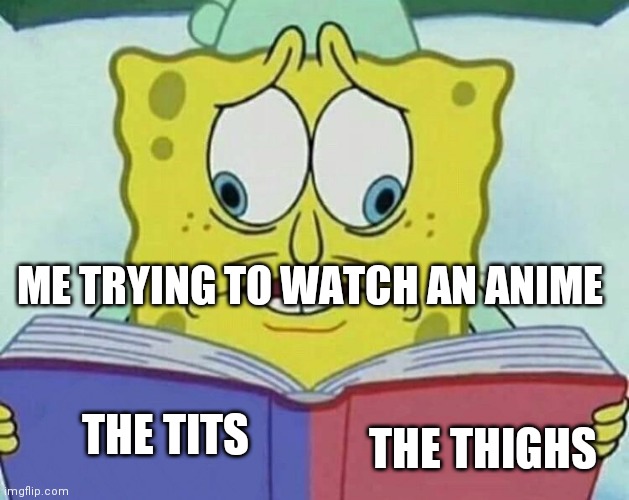 cross eyed spongebob | ME TRYING TO WATCH AN ANIME; THE THIGHS; THE TITS | image tagged in cross eyed spongebob | made w/ Imgflip meme maker