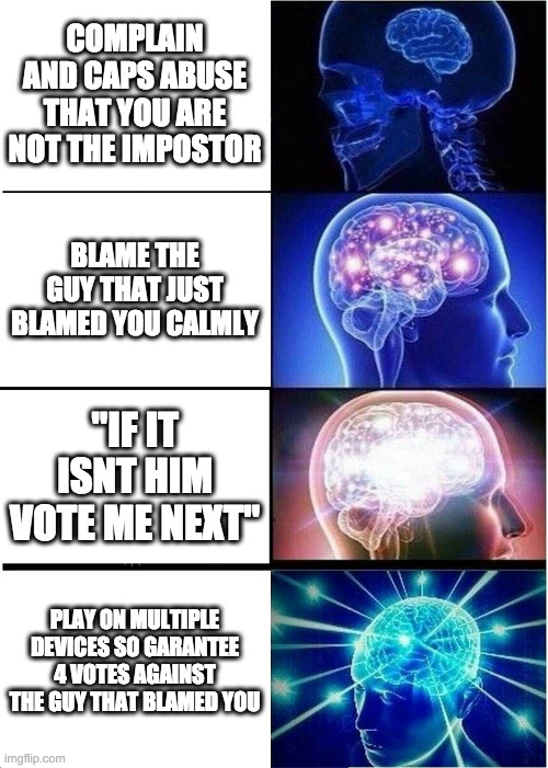 A M O N G U S | COMPLAIN AND CAPS ABUSE THAT YOU ARE NOT THE IMPOSTOR; BLAME THE GUY THAT JUST BLAMED YOU CALMLY; "IF IT ISNT HIM VOTE ME NEXT"; PLAY ON MULTIPLE DEVICES SO GARANTEE 4 VOTES AGAINST THE GUY THAT BLAMED YOU | image tagged in memes,expanding brain | made w/ Imgflip meme maker