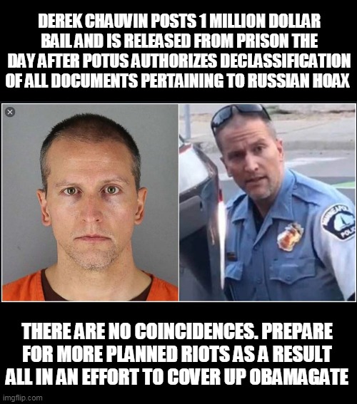 Soros Bailed Him Out | DEREK CHAUVIN POSTS 1 MILLION DOLLAR BAIL AND IS RELEASED FROM PRISON THE DAY AFTER POTUS AUTHORIZES DECLASSIFICATION OF ALL DOCUMENTS PERTAINING TO RUSSIAN HOAX; THERE ARE NO COINCIDENCES. PREPARE FOR MORE PLANNED RIOTS AS A RESULT ALL IN AN EFFORT TO COVER UP OBAMAGATE | image tagged in memes,derek chauvin,george floyd,obamagate,russian collusion,donald trump | made w/ Imgflip meme maker