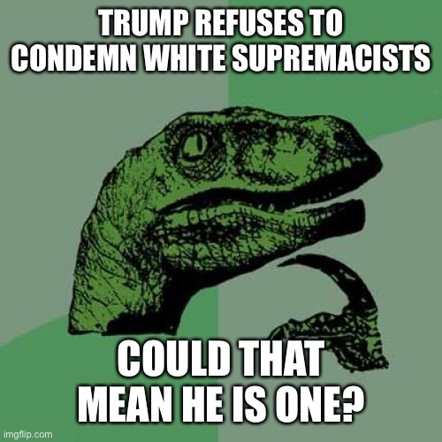 Philosoraptor | TRUMP REFUSES TO CONDEMN WHITE SUPREMACISTS; COULD THAT MEAN HE IS ONE? | image tagged in memes,philosoraptor | made w/ Imgflip meme maker