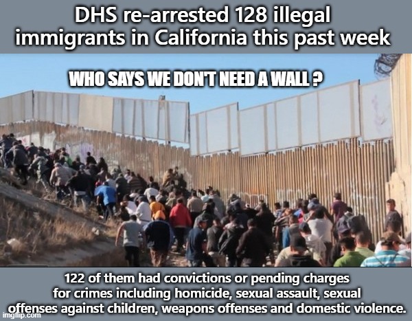 Who says we don't need a wall? | DHS re-arrested 128 illegal immigrants in California this past week; WHO SAYS WE DON'T NEED A WALL ? 122 of them had convictions or pending charges for crimes including homicide, sexual assault, sexual offenses against children, weapons offenses and domestic violence. | image tagged in illegal immigrants | made w/ Imgflip meme maker