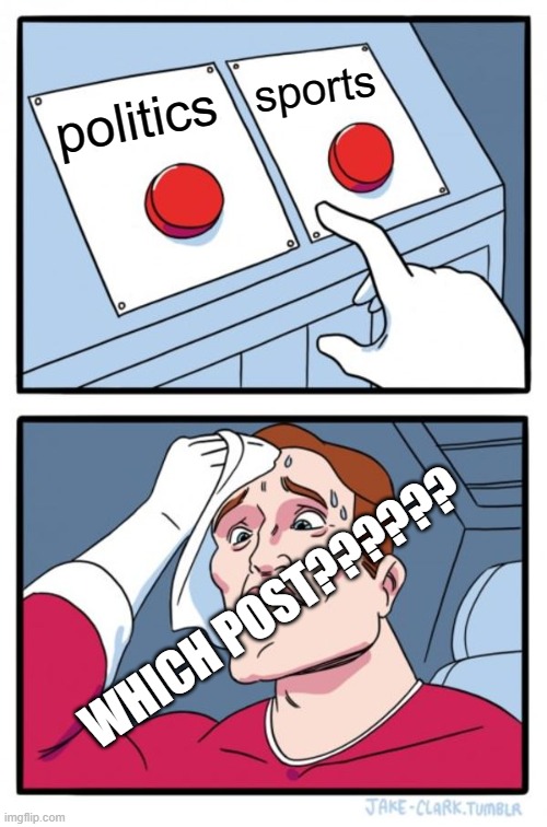 Two Buttons | sports; politics; WHICH POST?????? | image tagged in memes,two buttons,reality,funny,posts | made w/ Imgflip meme maker