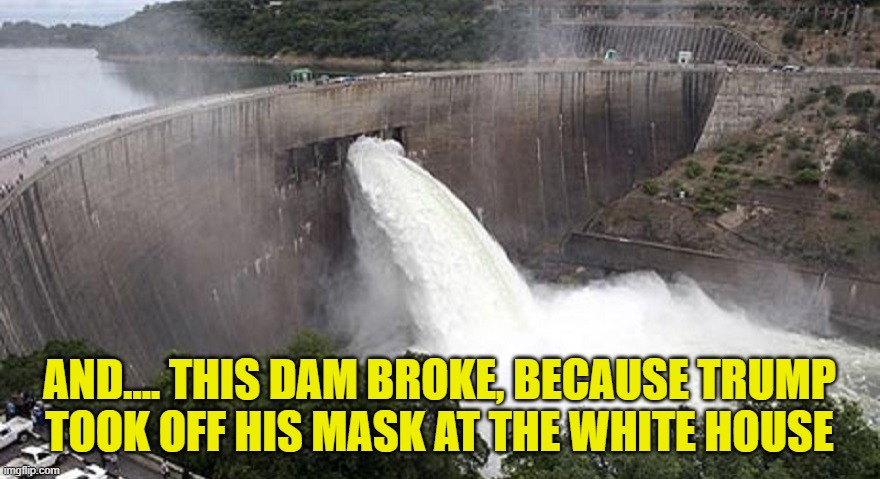 Not Racist But dam | AND.... THIS DAM BROKE, BECAUSE TRUMP
TOOK OFF HIS MASK AT THE WHITE HOUSE | image tagged in not racist but dam | made w/ Imgflip meme maker