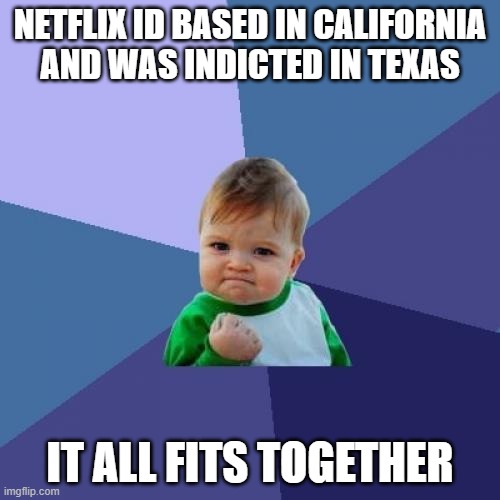 Texas is a red state, California is a blue state. | NETFLIX ID BASED IN CALIFORNIA AND WAS INDICTED IN TEXAS; IT ALL FITS TOGETHER | image tagged in memes,success kid,texas,california,netflix,cutie | made w/ Imgflip meme maker