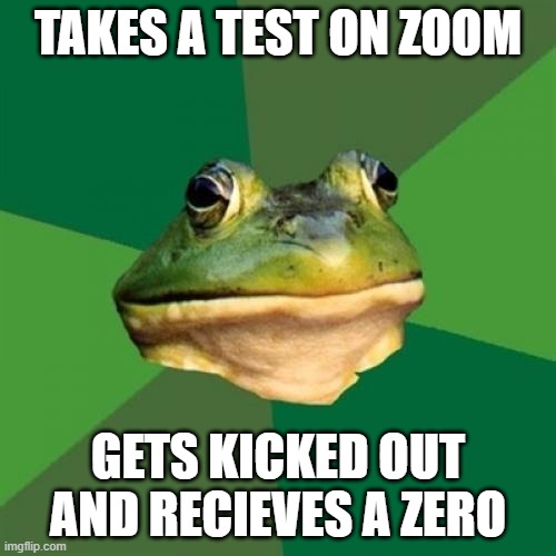 True, true... |  TAKES A TEST ON ZOOM; GETS KICKED OUT AND RECIEVES A ZERO | image tagged in memes,foul bachelor frog | made w/ Imgflip meme maker