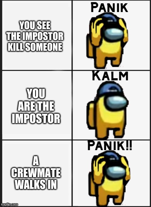 Ruh Ro Raggy | YOU SEE THE IMPOSTOR KILL SOMEONE; YOU ARE THE IMPOSTOR; A CREWMATE WALKS IN | image tagged in among us panik | made w/ Imgflip meme maker