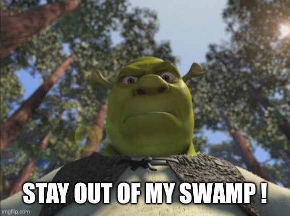 Swampy angry shrek | STAY OUT OF MY SWAMP ! | image tagged in swampy angry shrek | made w/ Imgflip meme maker