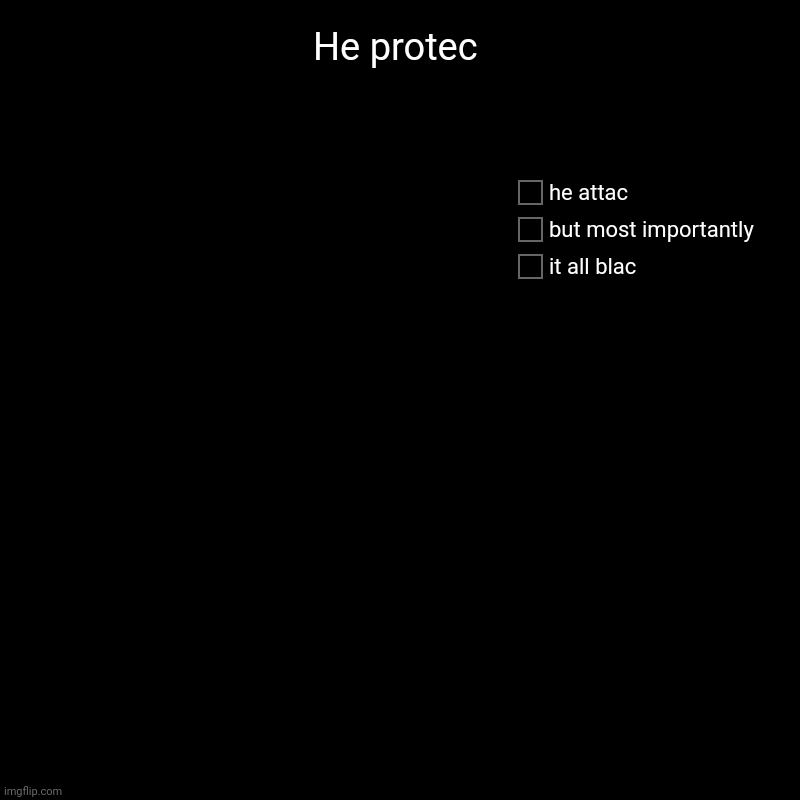 He protec | it all blac, but most importantly, he attac | image tagged in charts,pie charts | made w/ Imgflip chart maker