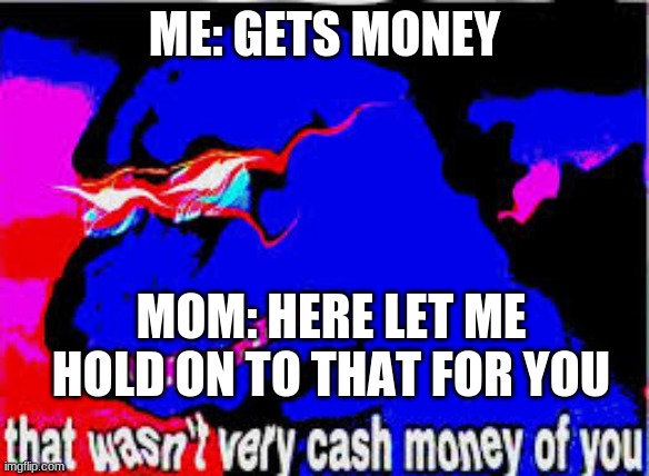 That wasnt very cash money of you | ME: GETS MONEY; MOM: HERE LET ME HOLD ON TO THAT FOR YOU | image tagged in that wasnt very cash money of you | made w/ Imgflip meme maker