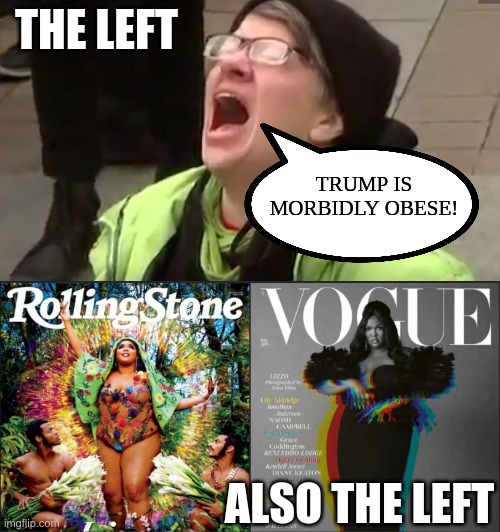 Hypocrisy is a way of life for the left | THE LEFT; TRUMP IS MORBIDLY OBESE! ALSO THE LEFT | image tagged in screaming liberal,donald trump | made w/ Imgflip meme maker