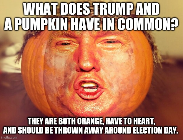 Trump pumpkin | WHAT DOES TRUMP AND A PUMPKIN HAVE IN COMMON? THEY ARE BOTH ORANGE, HAVE TO HEART, AND SHOULD BE THROWN AWAY AROUND ELECTION DAY. | image tagged in dump trump,pumpkin,happy halloween | made w/ Imgflip meme maker