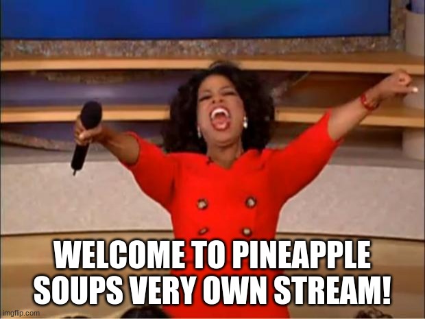 Welcome | WELCOME TO PINEAPPLE SOUPS VERY OWN STREAM! | image tagged in memes,oprah you get a | made w/ Imgflip meme maker