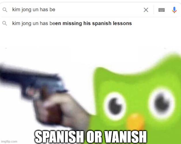 HE WHAT!?!?!? | SPANISH OR VANISH | image tagged in duolingo gun,kim jong un,spanish,duolingo bird,duolingo,north korea | made w/ Imgflip meme maker