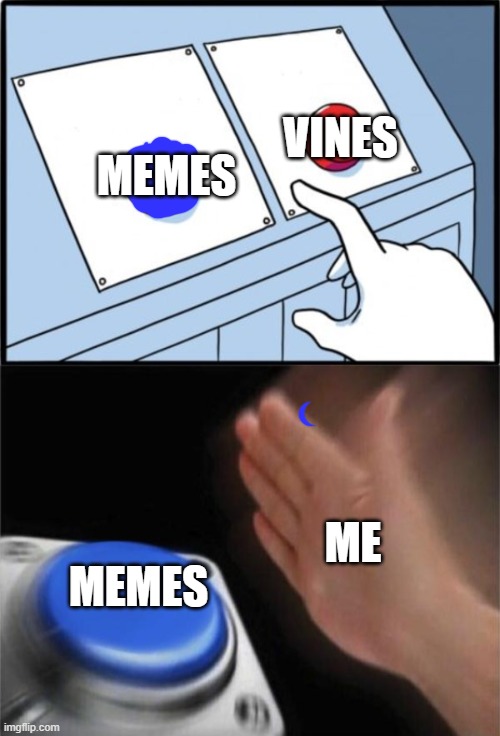 VINES; MEMES; ME; MEMES | image tagged in memes,two buttons,blank nut button | made w/ Imgflip meme maker