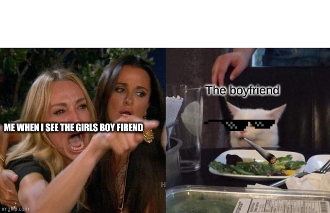 Woman Yelling At Cat | The boyfriend; ME WHEN I SEE THE GIRLS BOY FIREND | image tagged in memes,woman yelling at cat | made w/ Imgflip meme maker