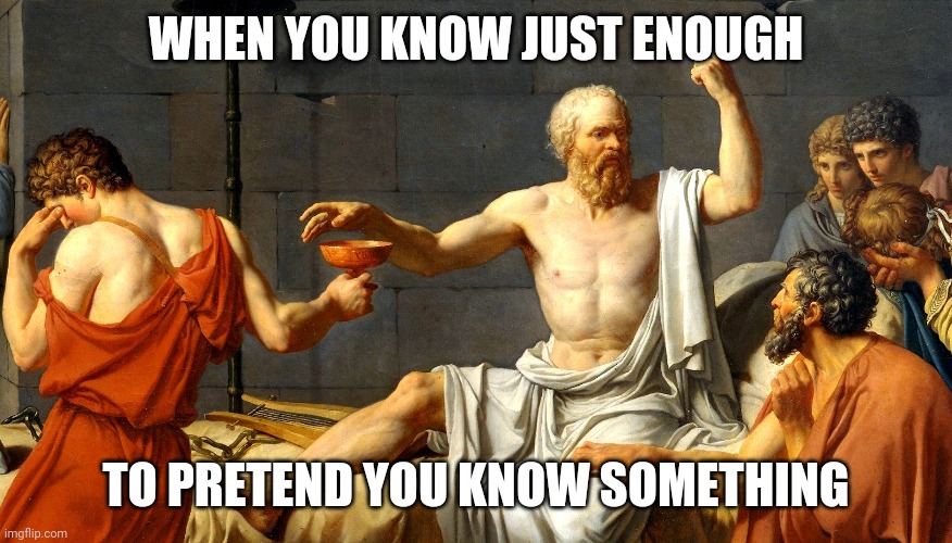 I know nothing, now hold my beer | WHEN YOU KNOW JUST ENOUGH; TO PRETEND YOU KNOW SOMETHING | image tagged in socrates | made w/ Imgflip meme maker