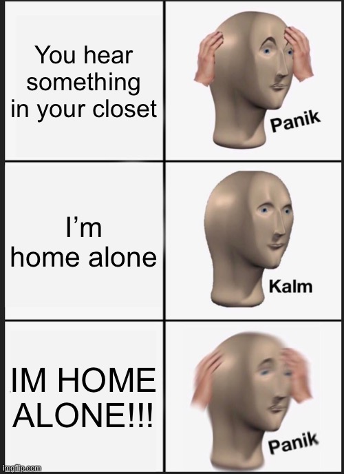Panik Kalm Panik Meme | You hear something in your closet; I’m home alone; IM HOME ALONE!!! | image tagged in memes,panik kalm panik | made w/ Imgflip meme maker